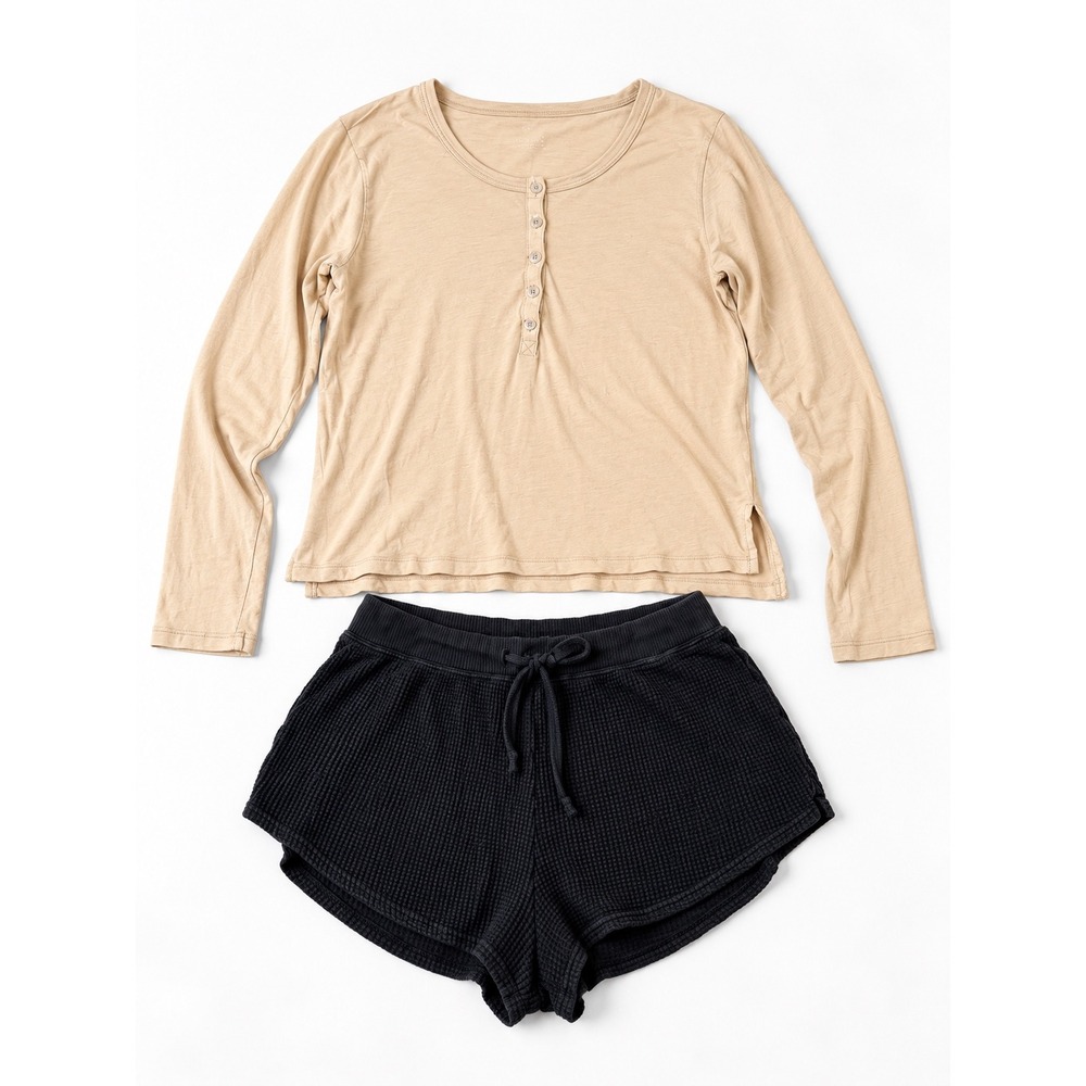 Aerie Henley Top and OFFLINE Waffle Knit Shorts Lounge Set Tan Black M/S